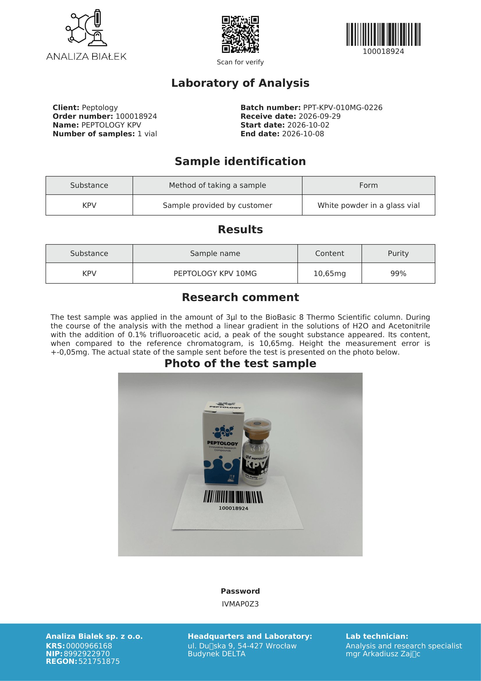 KPV – HPLC tisztasági tanúsítvány, tétel 0226