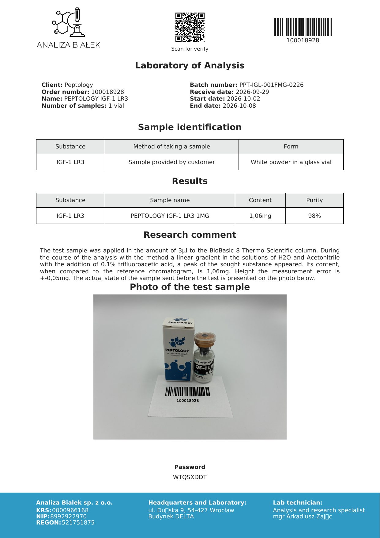 IGF‑1 LR3 1 mg – HPLC tisztasági tanúsítvány, tétel 0226