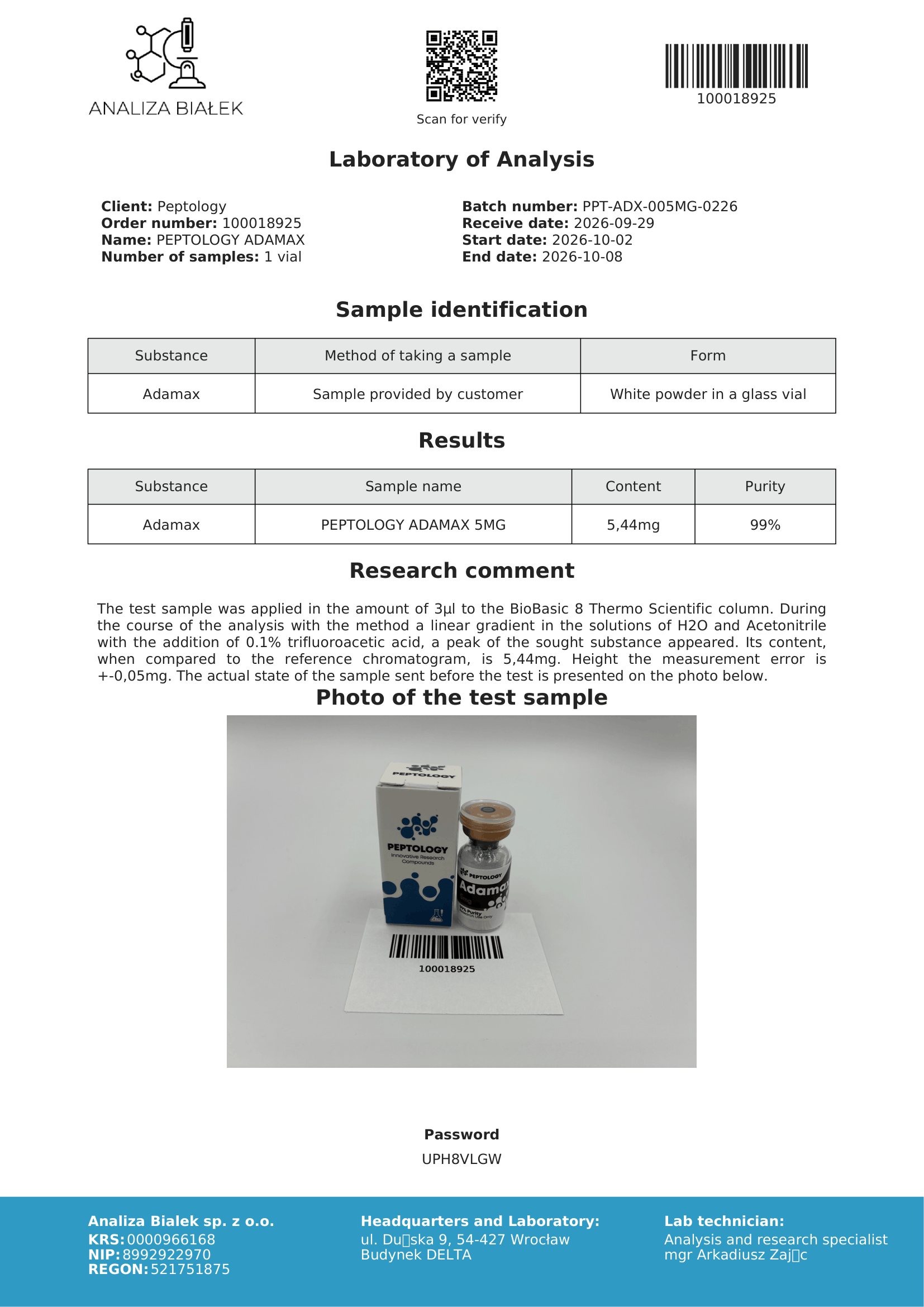 Adamax – HPLC tisztasági tanúsítvány, tétel 0226