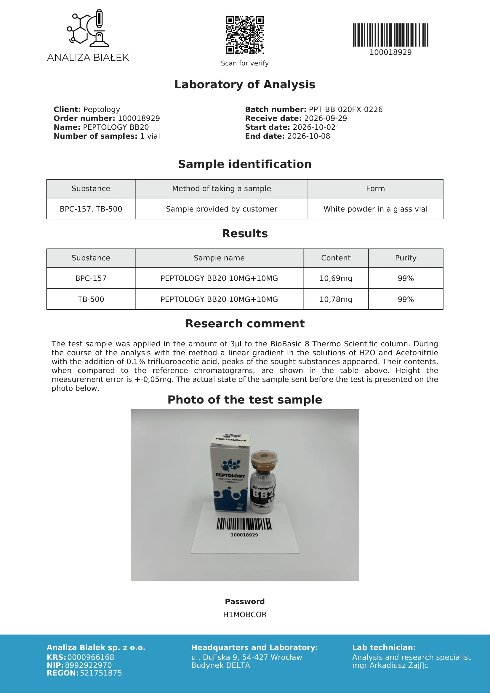 BB20 – HPLC tisztasági tanúsítvány, tétel 0226