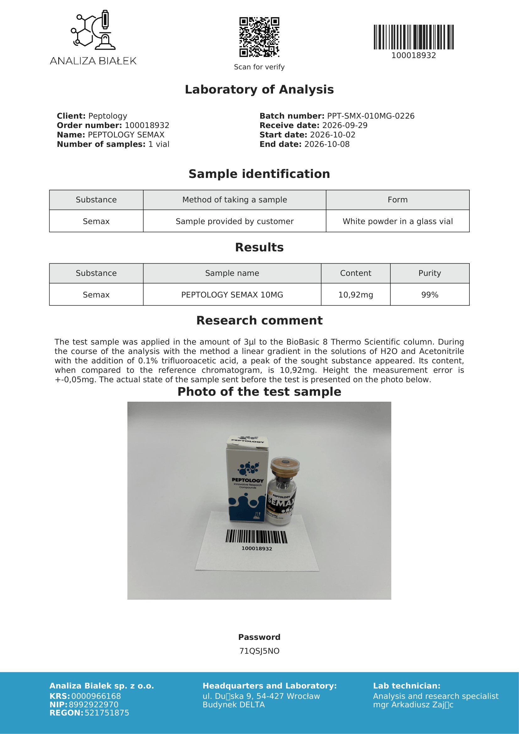 Semax 10 mg – HPLC tisztasági tanúsítvány, tétel 0226