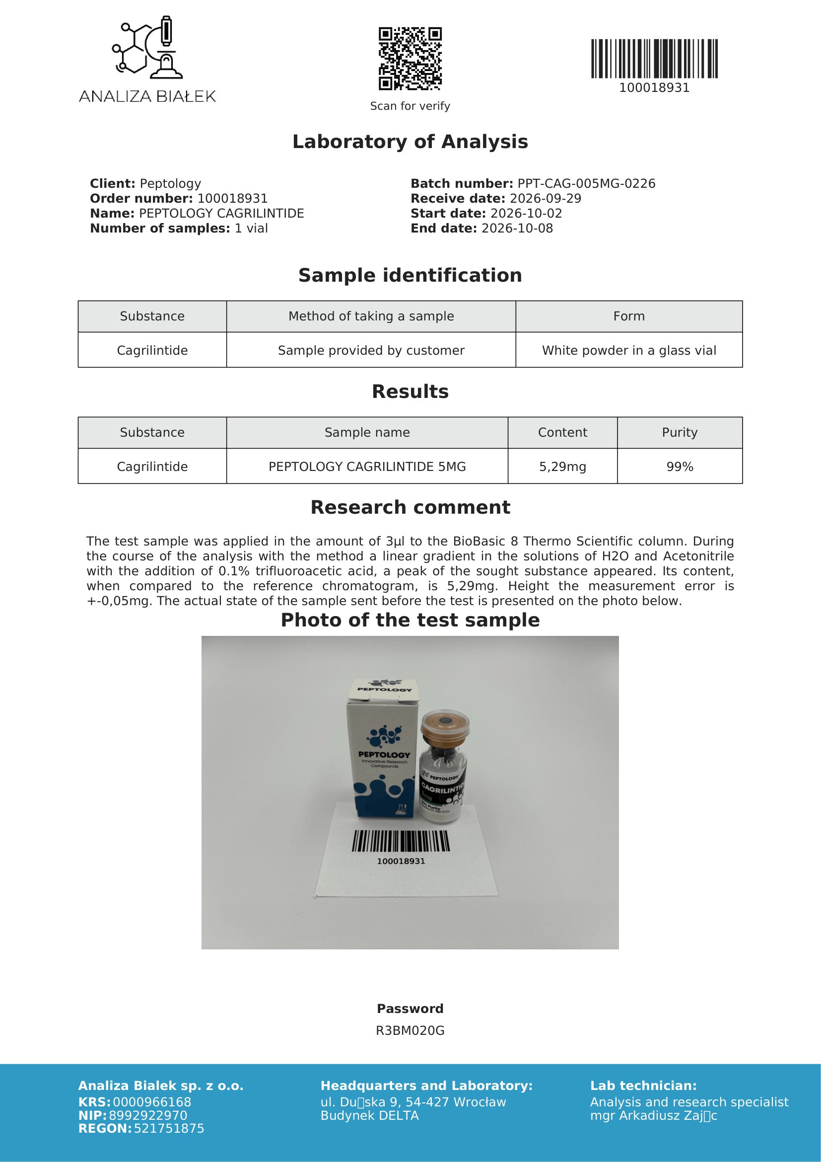 Cagrilintide 5 mg – HPLC tisztasági tanúsítvány, tétel 0226
