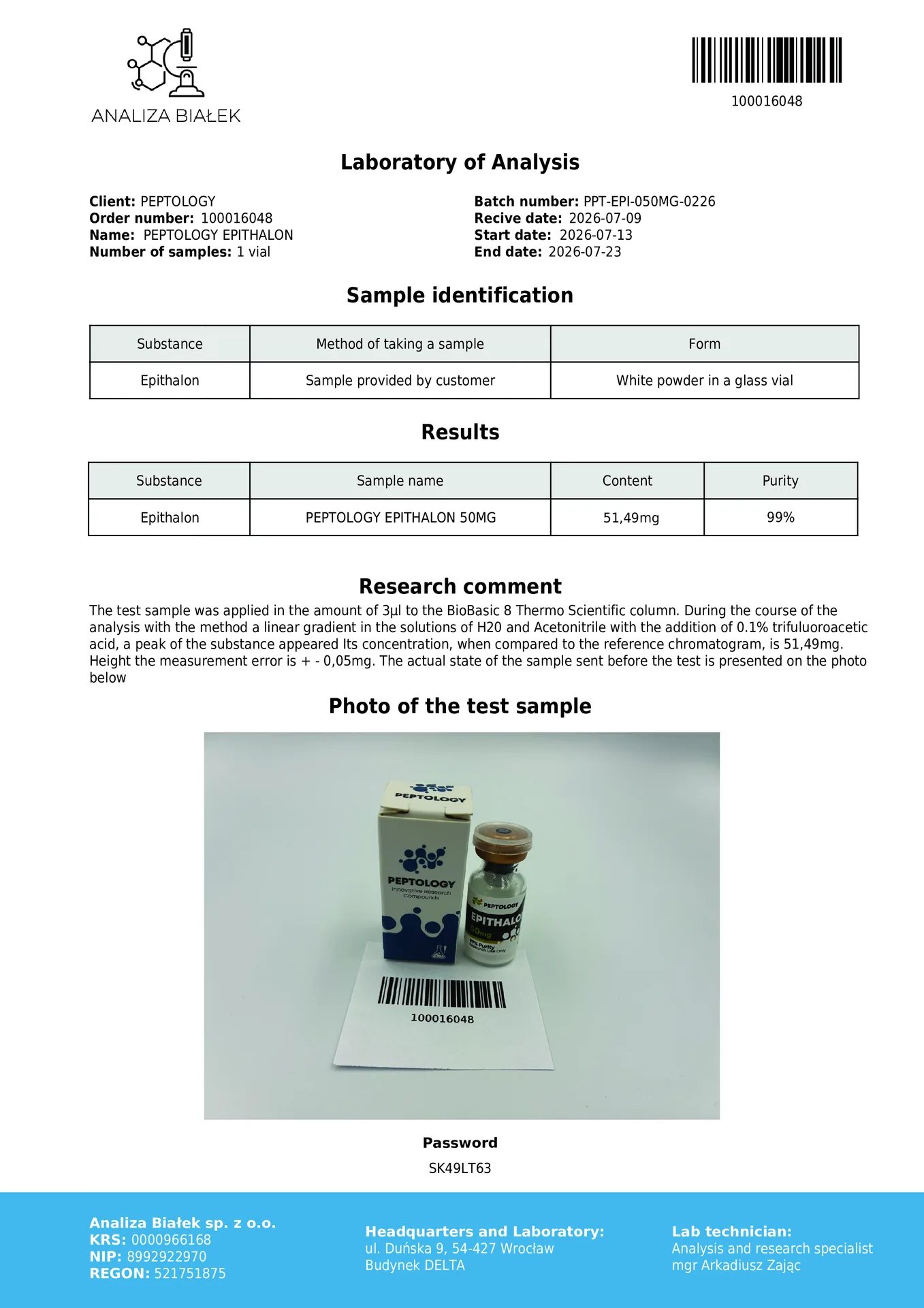 Epithalon 50 mg – tetrapeptid (AEDG) a telomeráz kutatásához – kép 2