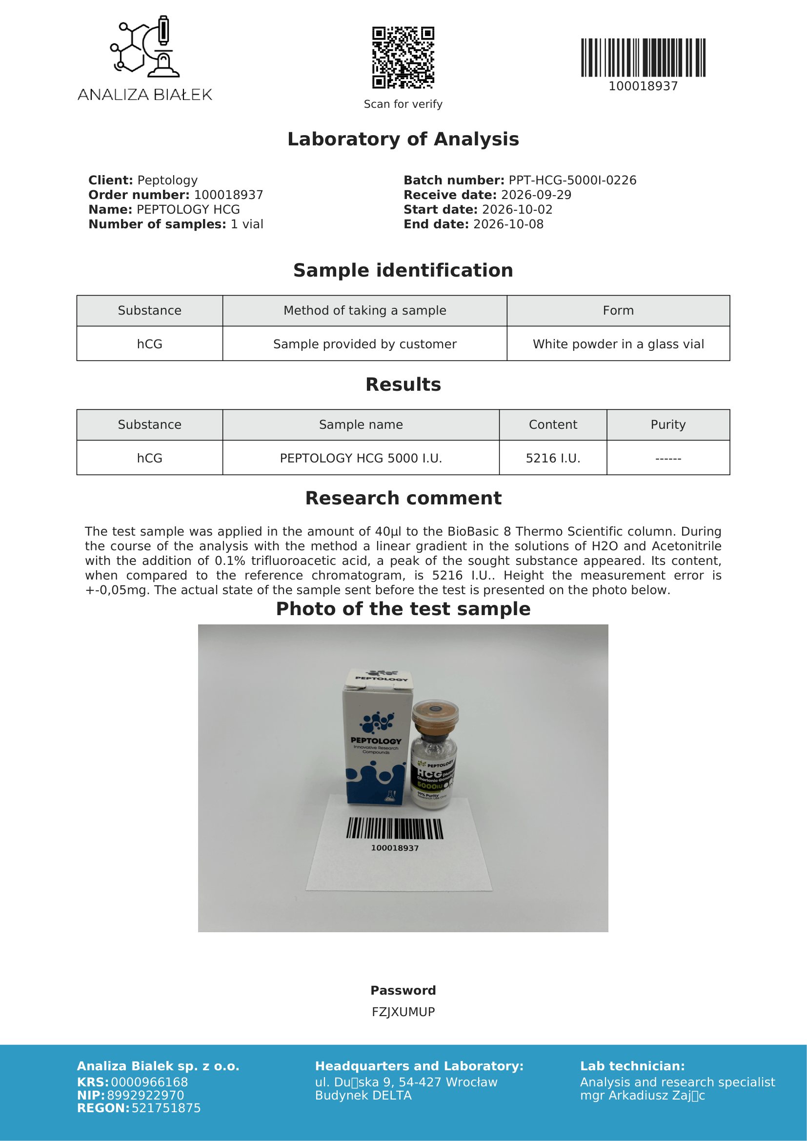 HCG – HPLC tisztasági tanúsítvány, tétel 0226