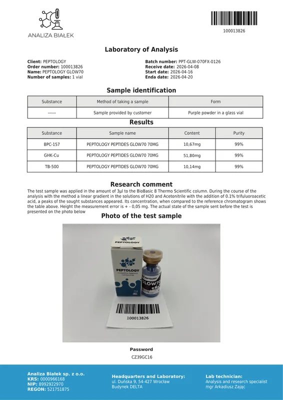 GLOW70 – peptidformula (BPC-157 10 mg + GHK-Cu 50 mg + TB500 10 mg) – kép 2