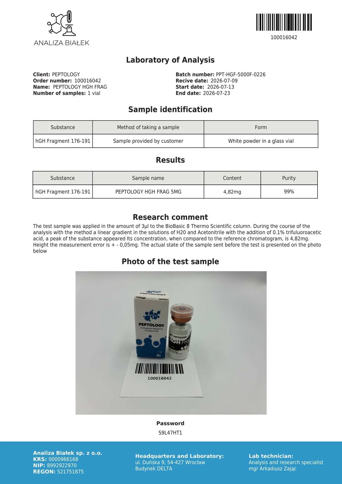 HGH Frag 5mg – A növekedési hormon 176-191 fragmense (C-terminális) – kép 2