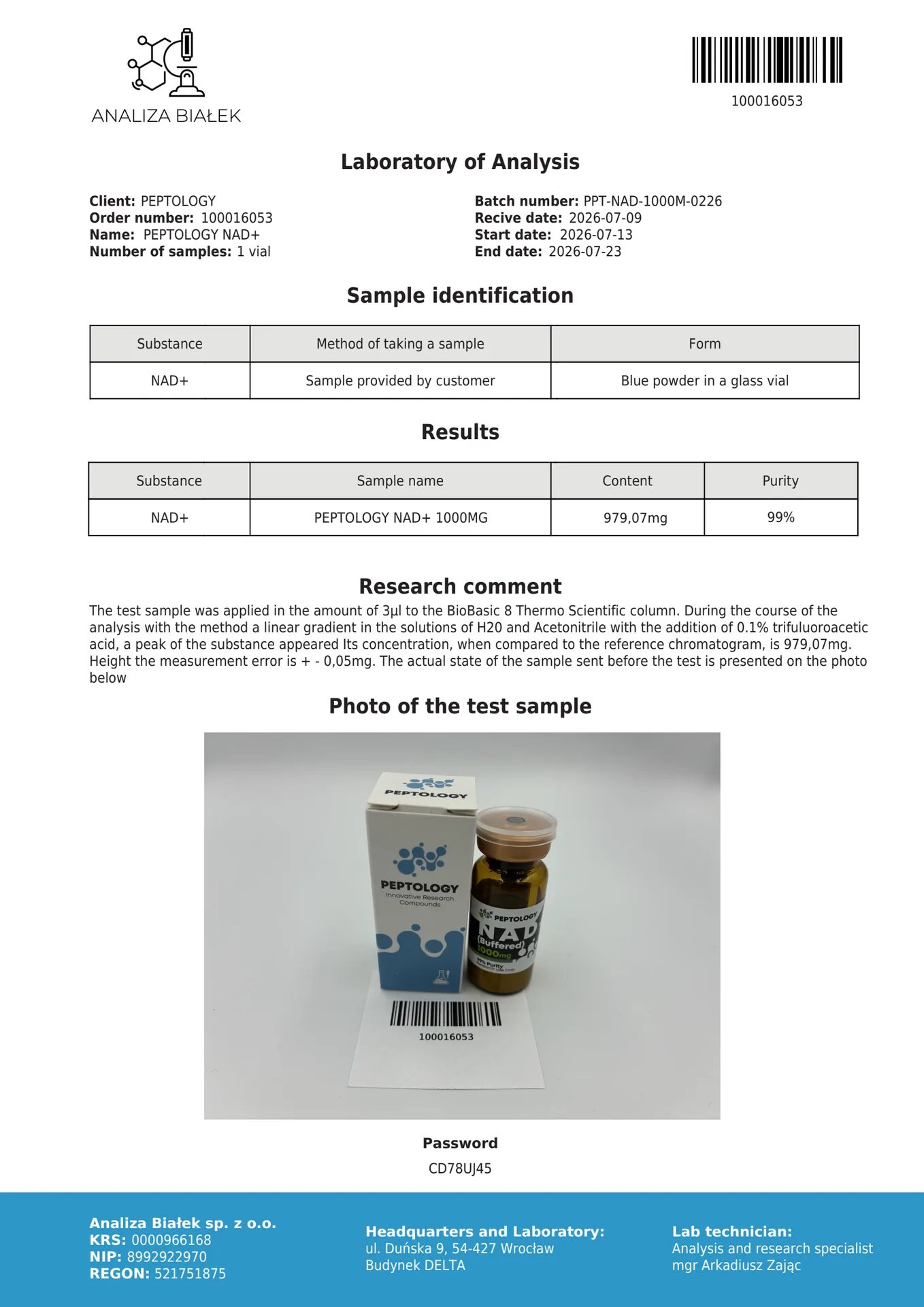 NAD+ (Buffered) 1000 mg – koenzim laboratóriumi kutatáshoz – kép 2