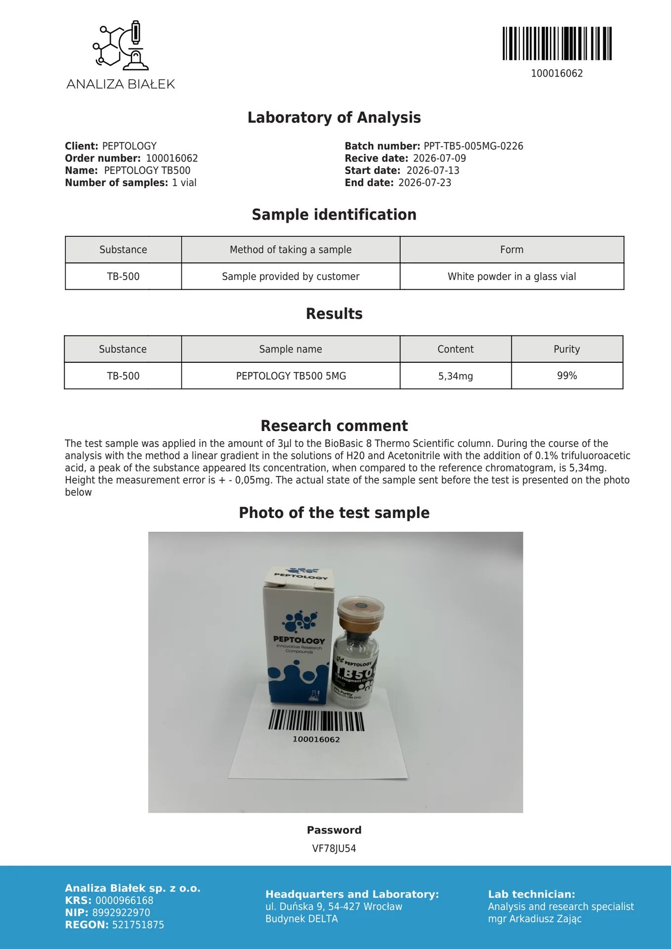 TB-500 (TB500) 5 mg / 10 mg – Thymosin Beta-4 fragmens laboratóriumi kutatáshoz – kép 2