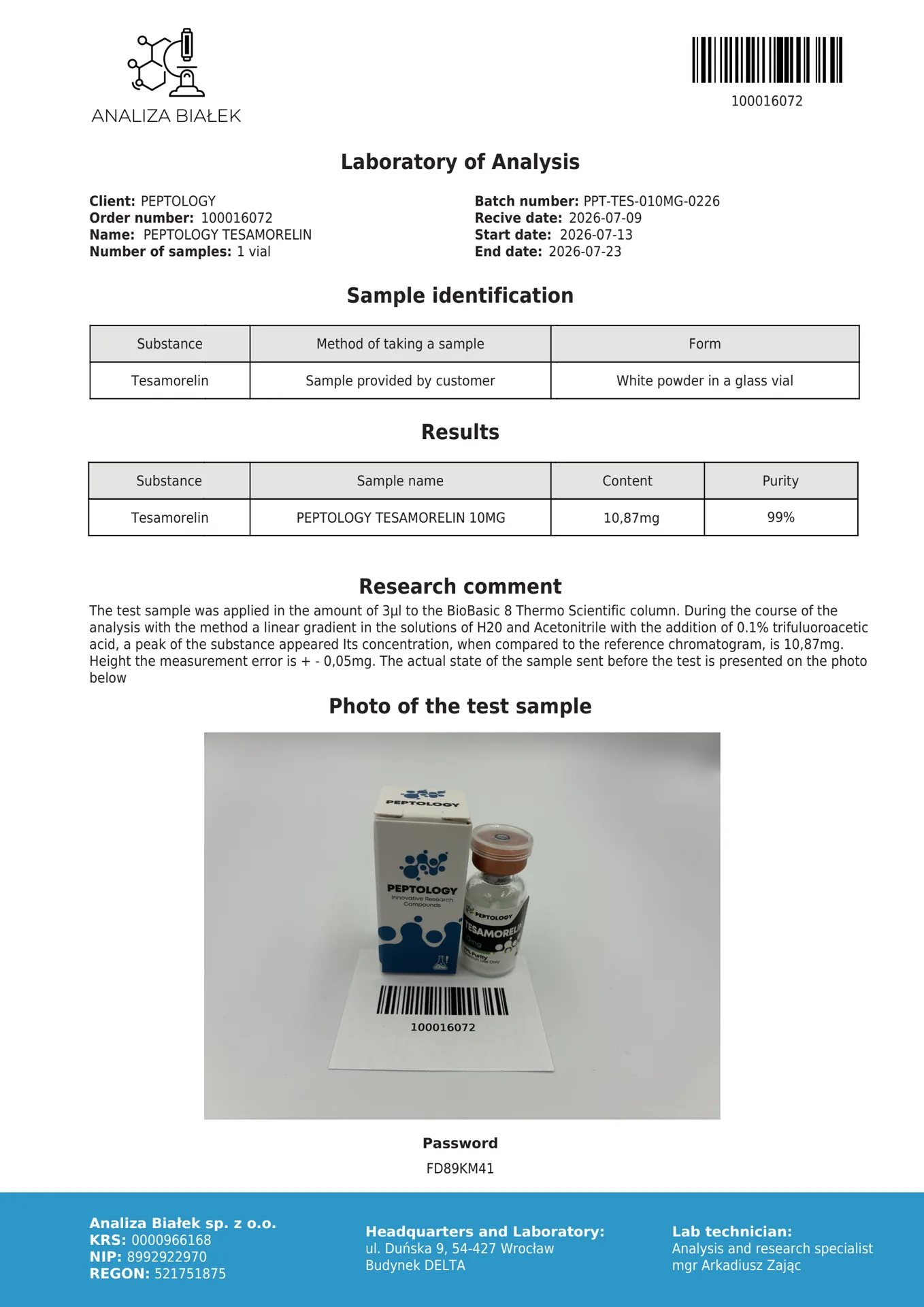 Tesamorelin 10mg/30mg – GHRH analóg laboratóriumi kutatáshoz – kép 2