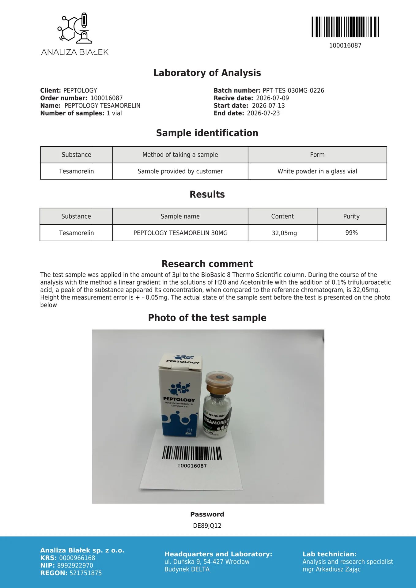Tesamorelin 10mg/30mg – GHRH analóg laboratóriumi kutatáshoz – kép 3