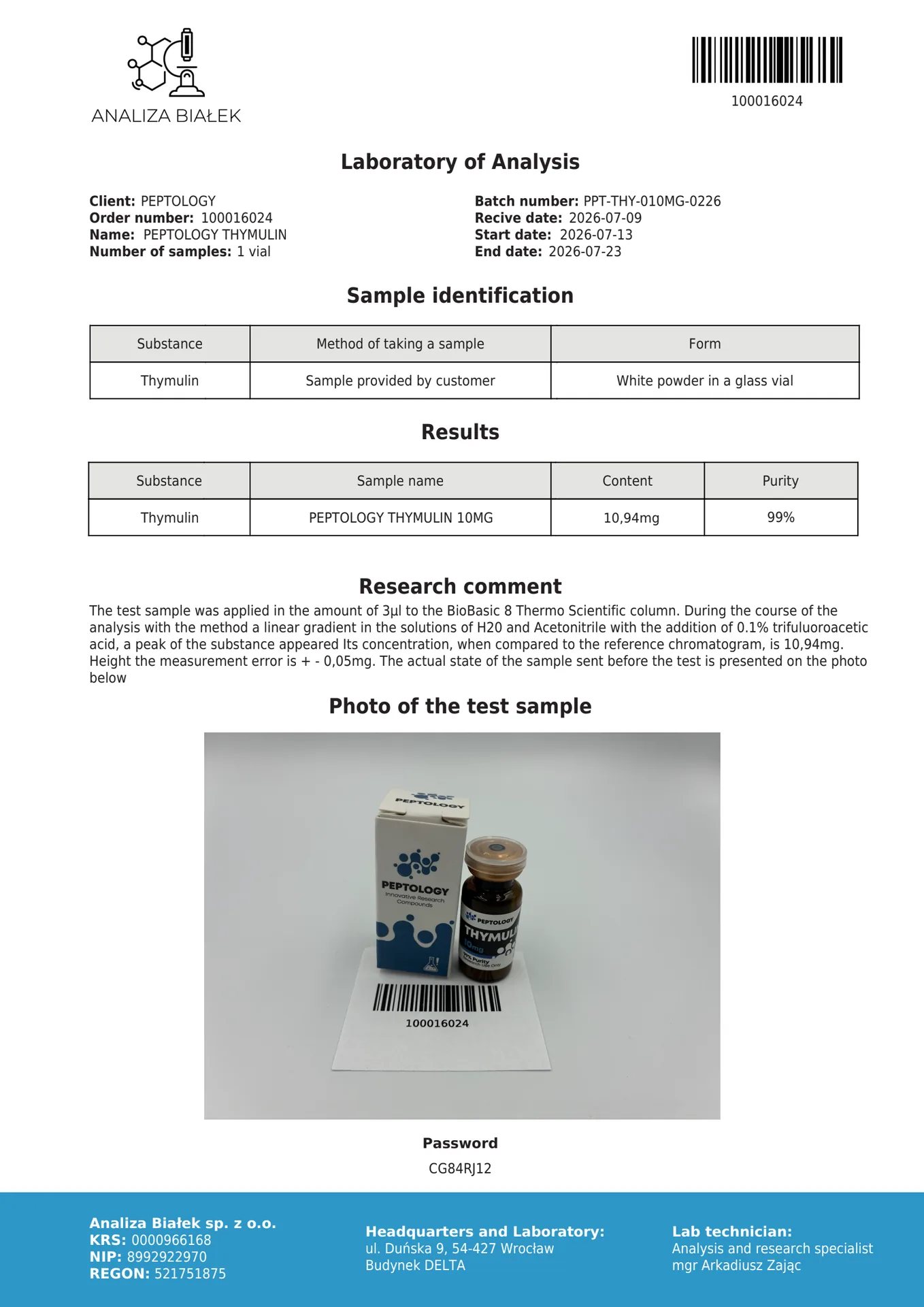 Thymulin 5/10 mg – cinkfüggő tímuszpeptid laboratóriumi kutatáshoz – kép 2